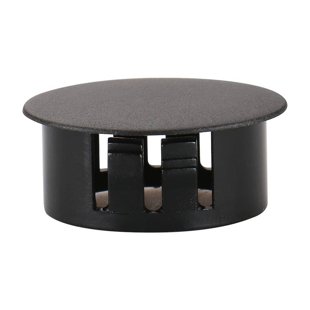 Black round panel fastener cover plug with visible locking clip openings