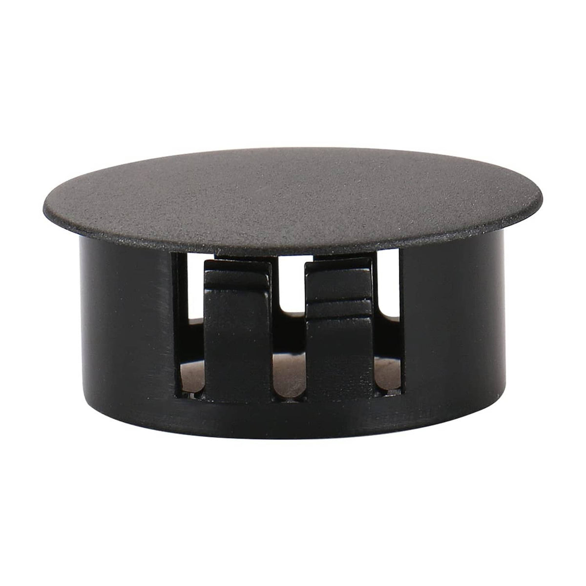 Black round panel fastener cover plug with visible locking clip openings