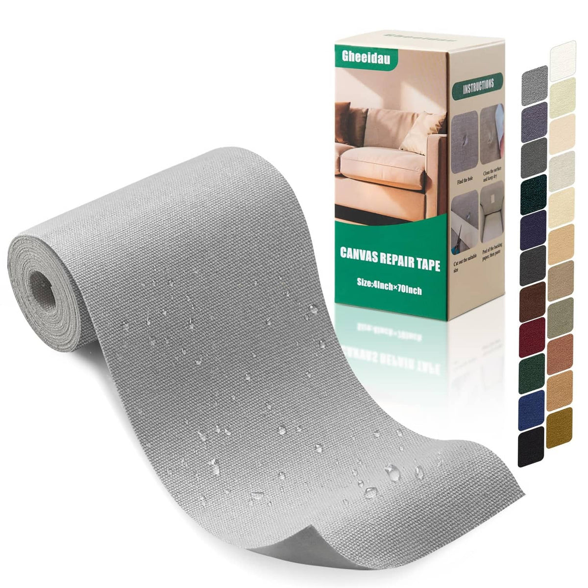 Grey canvas repair tape roll, self-adhesive waterproof fabric patching strip