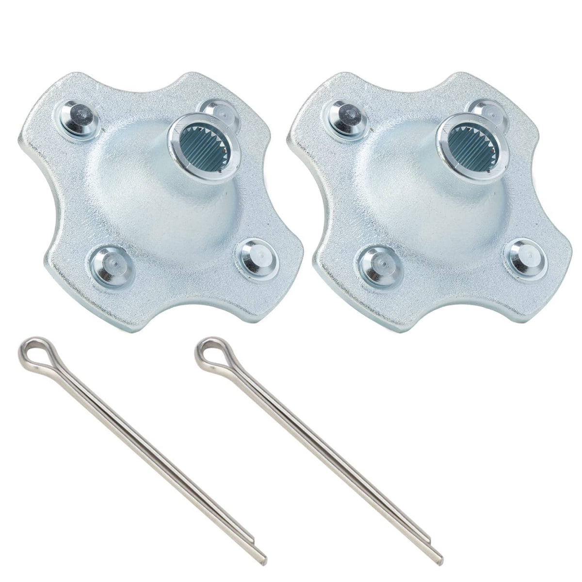 Pair of rear wheel hubs with bolt holes and cotter pins, silver metal