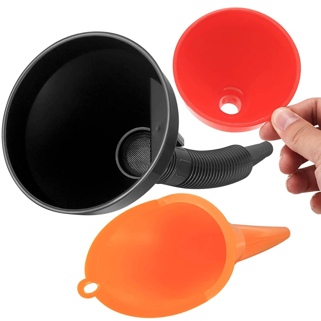 Funnels set with black long-neck funnel, orange funnel, and red cap holder close-up