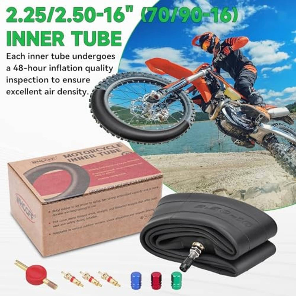 2.25/2.50-16 inner tube kit with valve stem, boxed package, and spare caps
