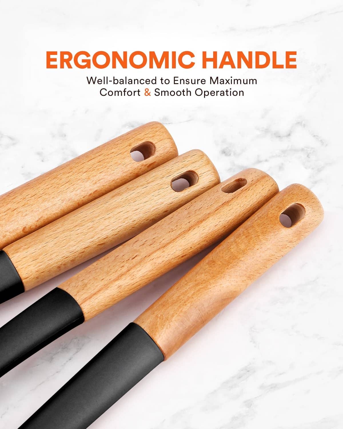 Ergonomic wooden handle slotted ladle strainer with black perforated silicone head