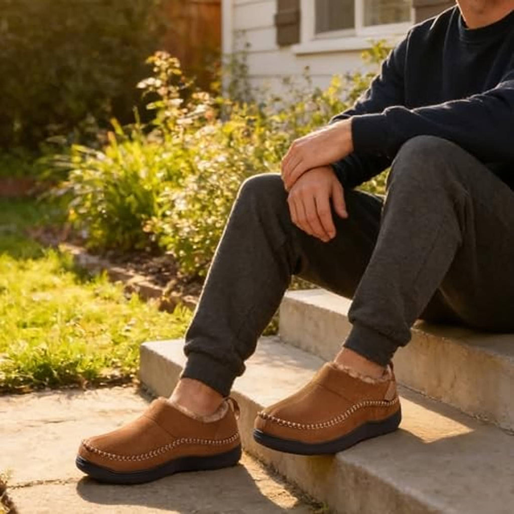Tan indoor moccasin slippers on a person’s feet, with faux-fur lining and dark grippy sole.