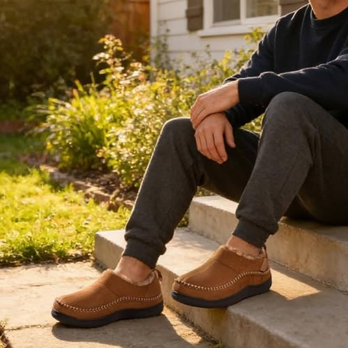 Tan indoor moccasin slippers on a person’s feet, with faux-fur lining and dark grippy sole.