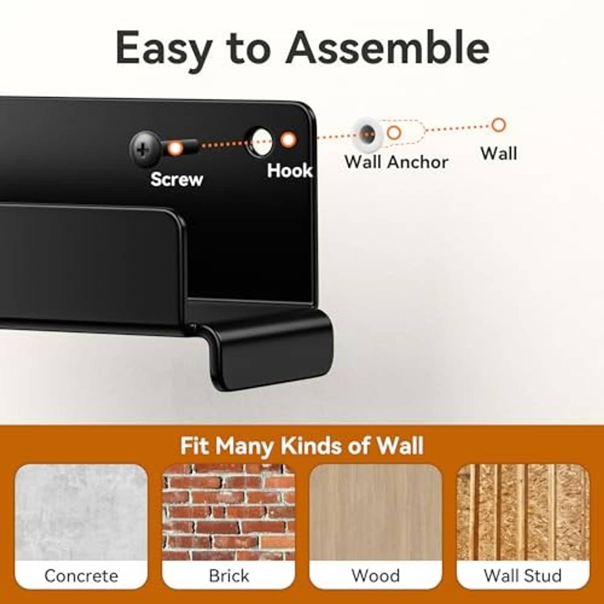 Black wall hook bracket with mounting screw and wall anchor, easy-to-assemble