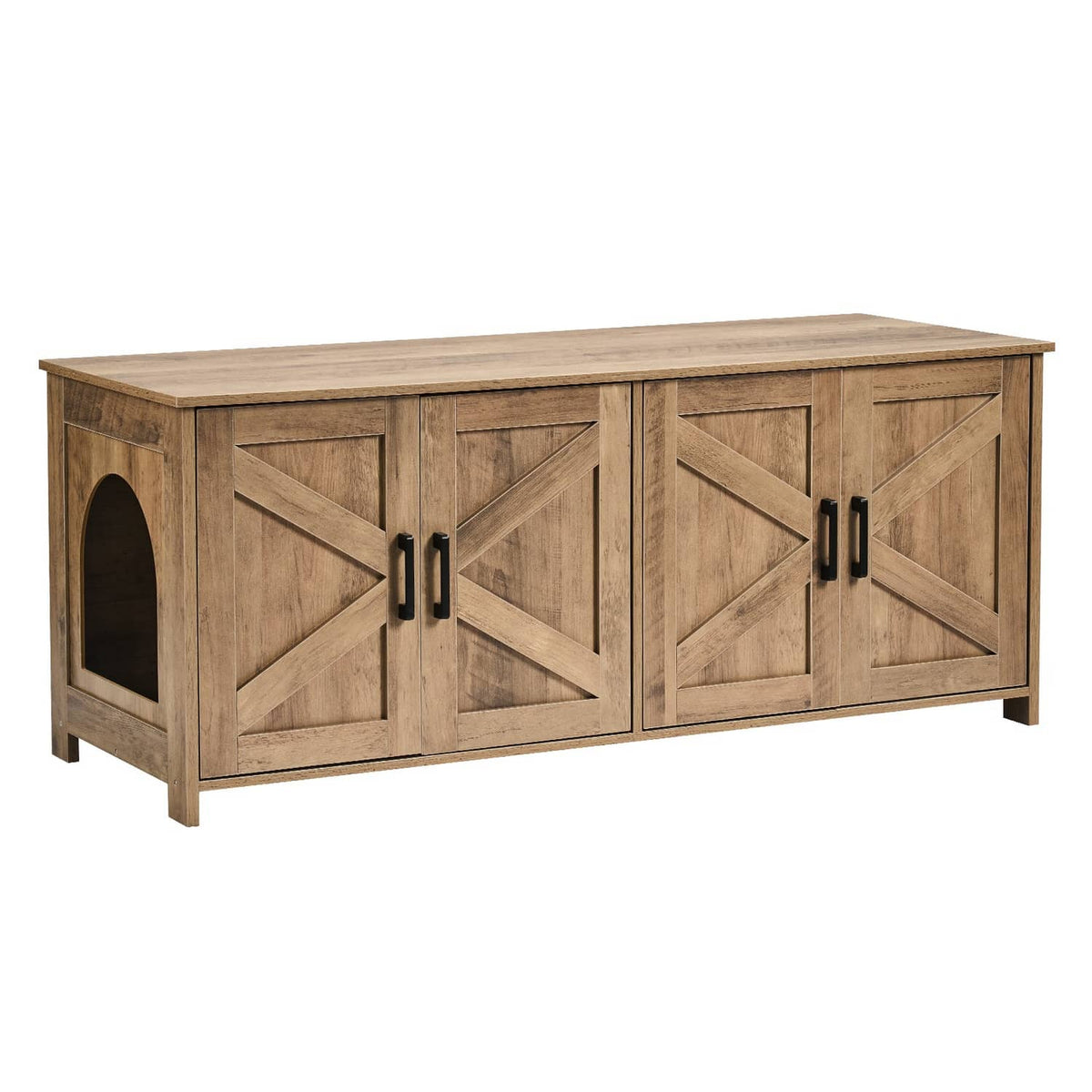 Greige wooden cat litter box enclosure with arched side entry and two-panel front doors