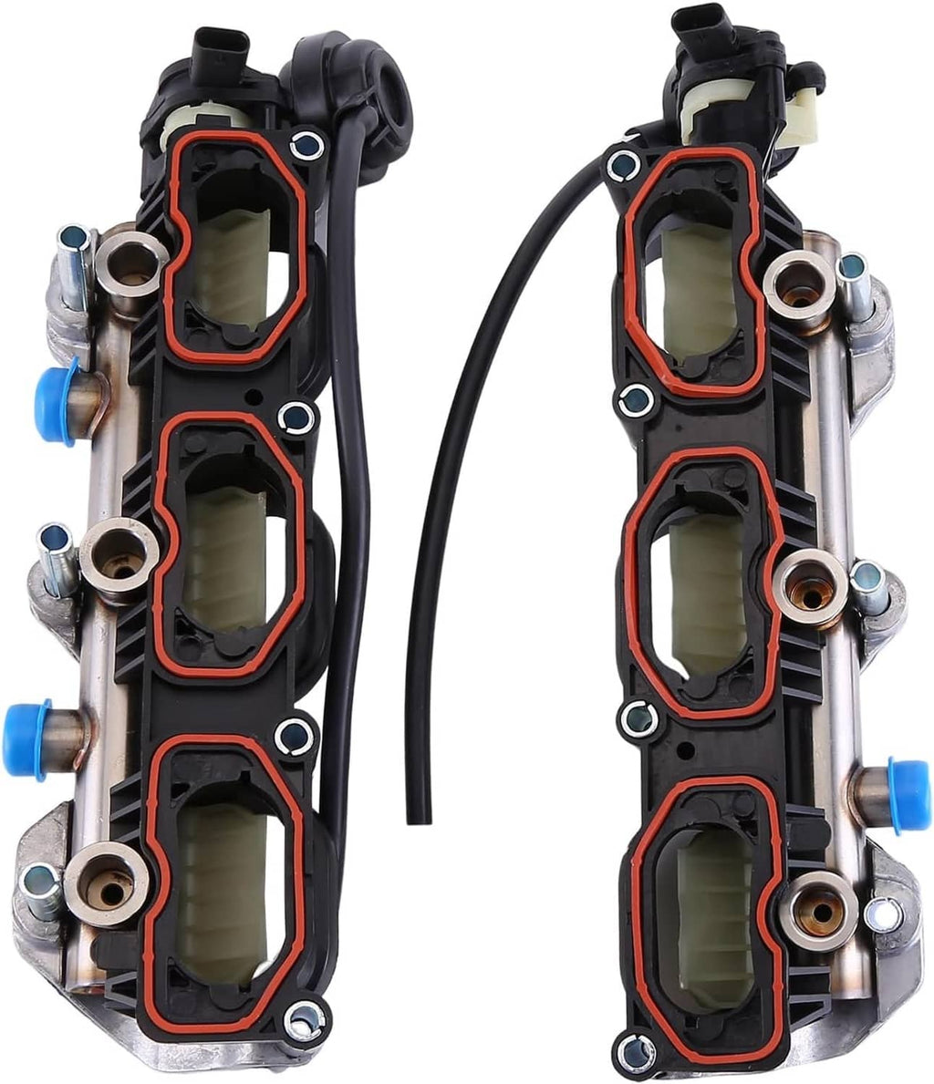 Intake manifold pair shown upright; black housings with red gasket trim, metal end sections