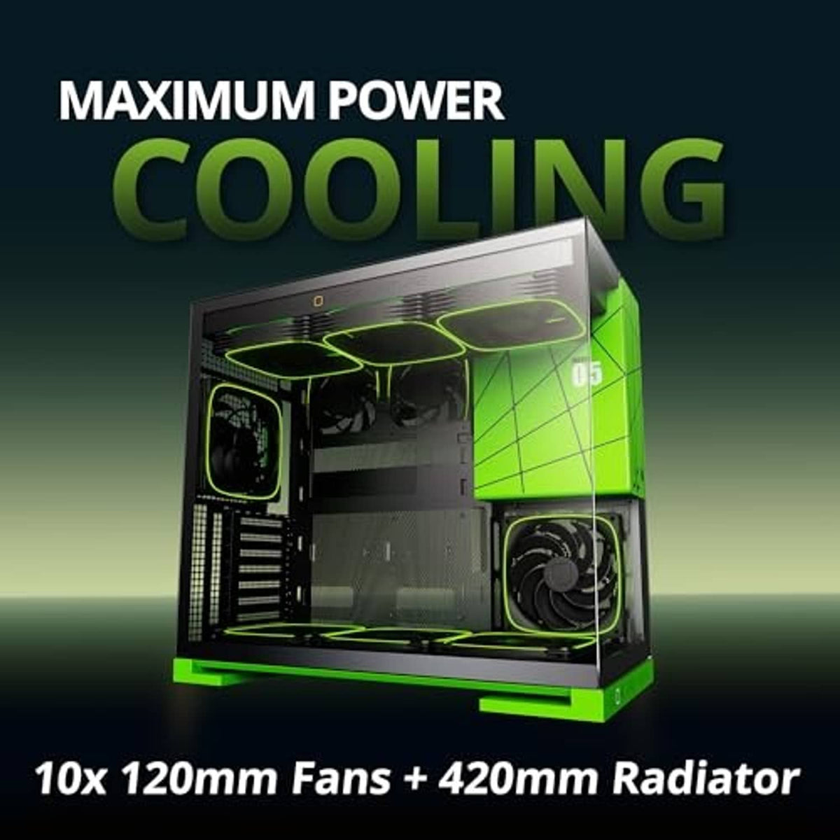 PC mid tower with green-accented tempered glass and multiple cooling fans inside