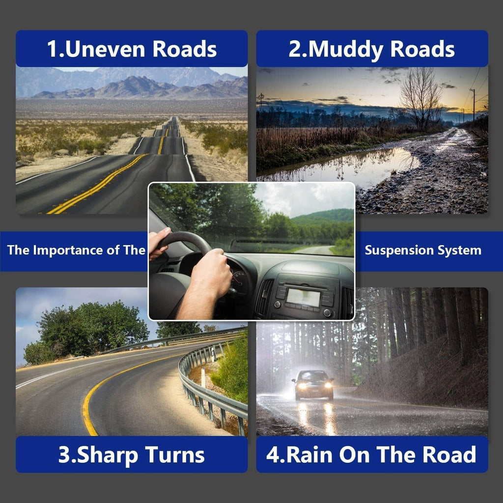Suspension control system graphic showing road and driving impact scenarios