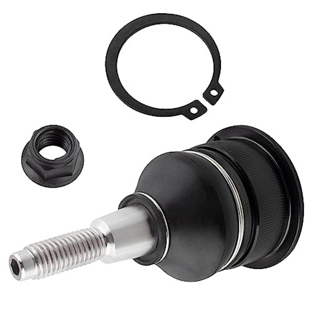Front upper ball joint with rubber boot, threaded stud, lock ring, and nut