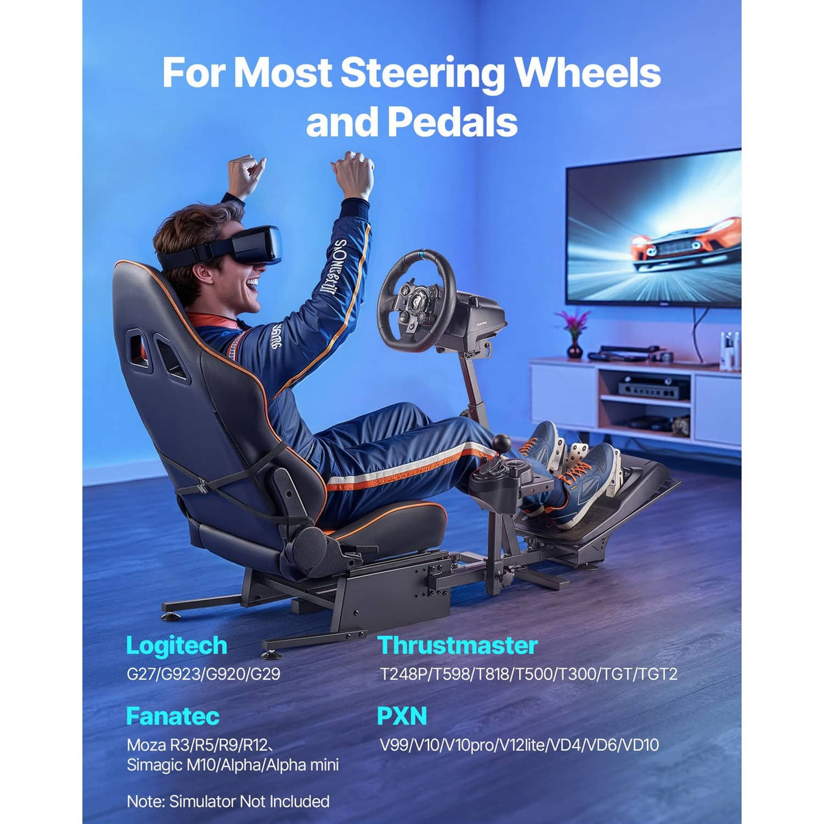 Racing simulator seat with wheel and pedals mounted on a black and orange wheel stand