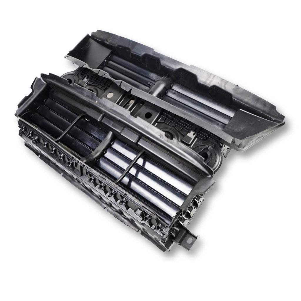 Black front grille shutter assembly with motor, slats and mounting frames detail