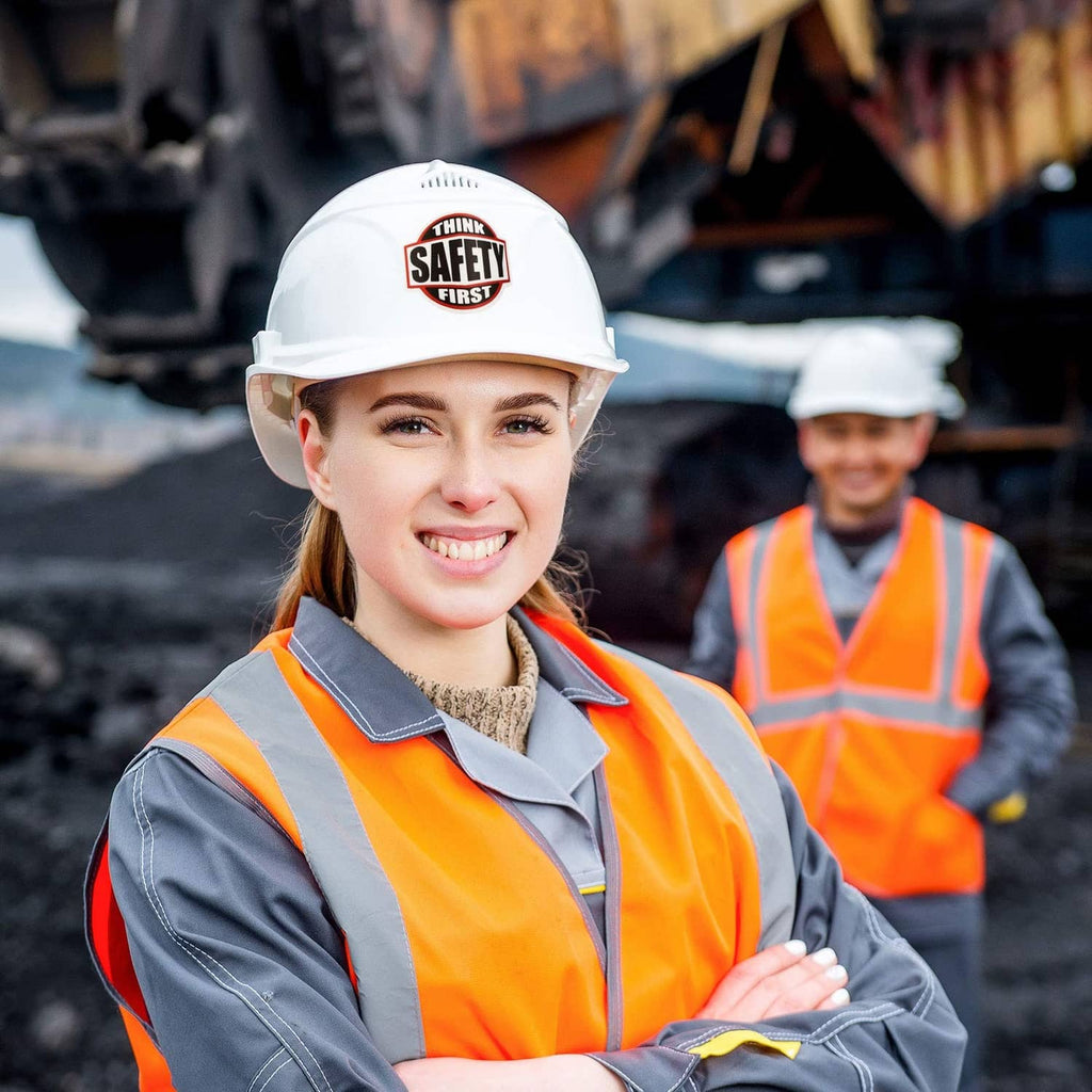 White hard hat with round 'Safety First' sticker