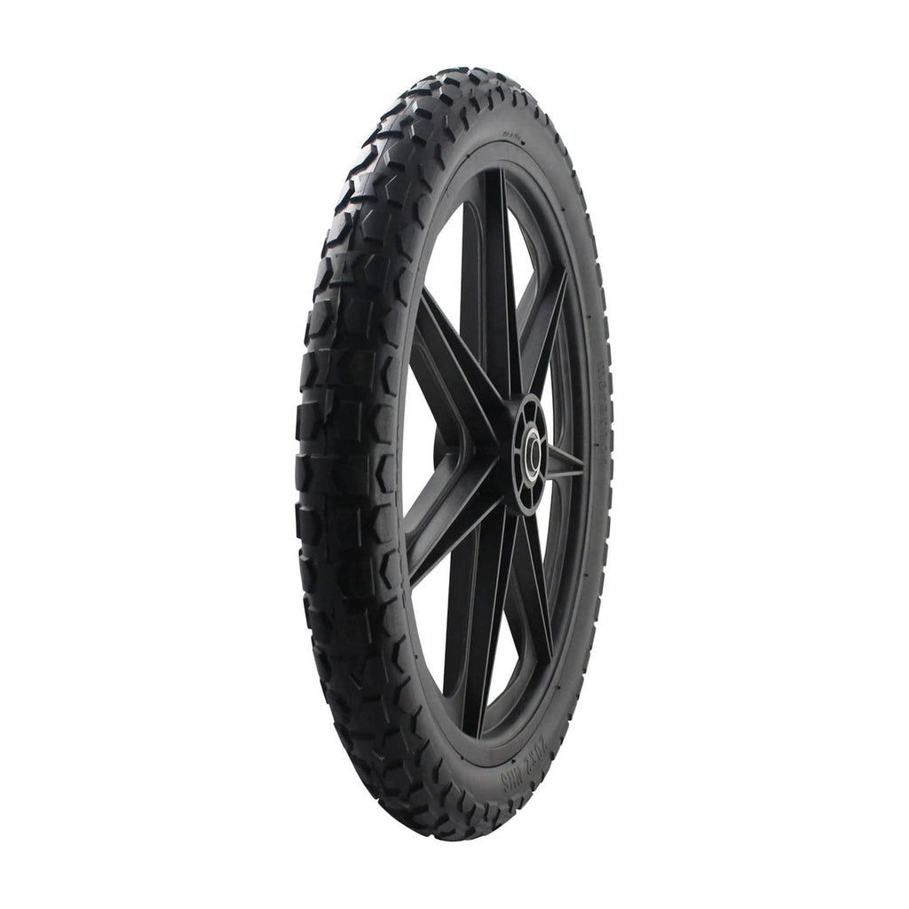 Flat-free replacement tire and wheel with black tread and dark spoke rim