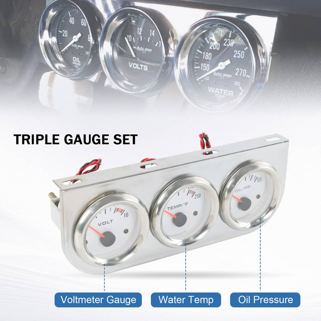 Close-up view of three chrome-faced gauges for volts, water temp, and oil pressure
