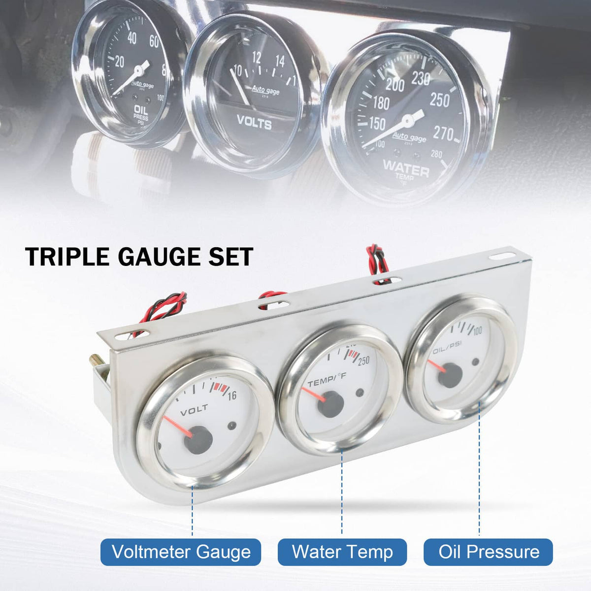 Close-up view of three chrome-faced gauges for volts, water temp, and oil pressure