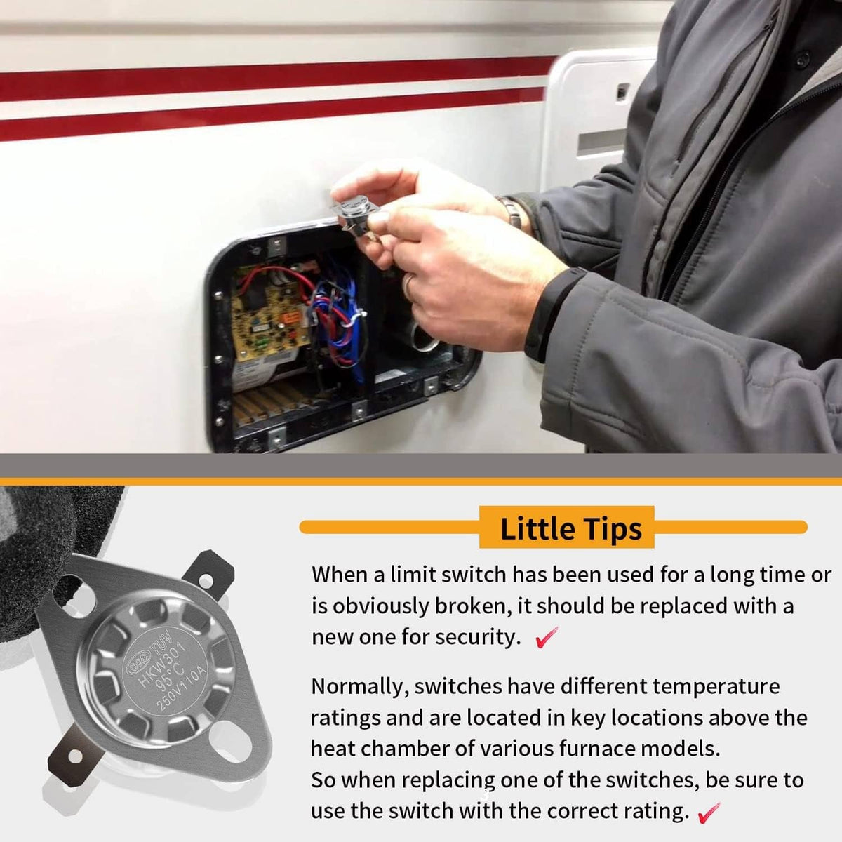 RV limit switch being installed inside furnace control compartment