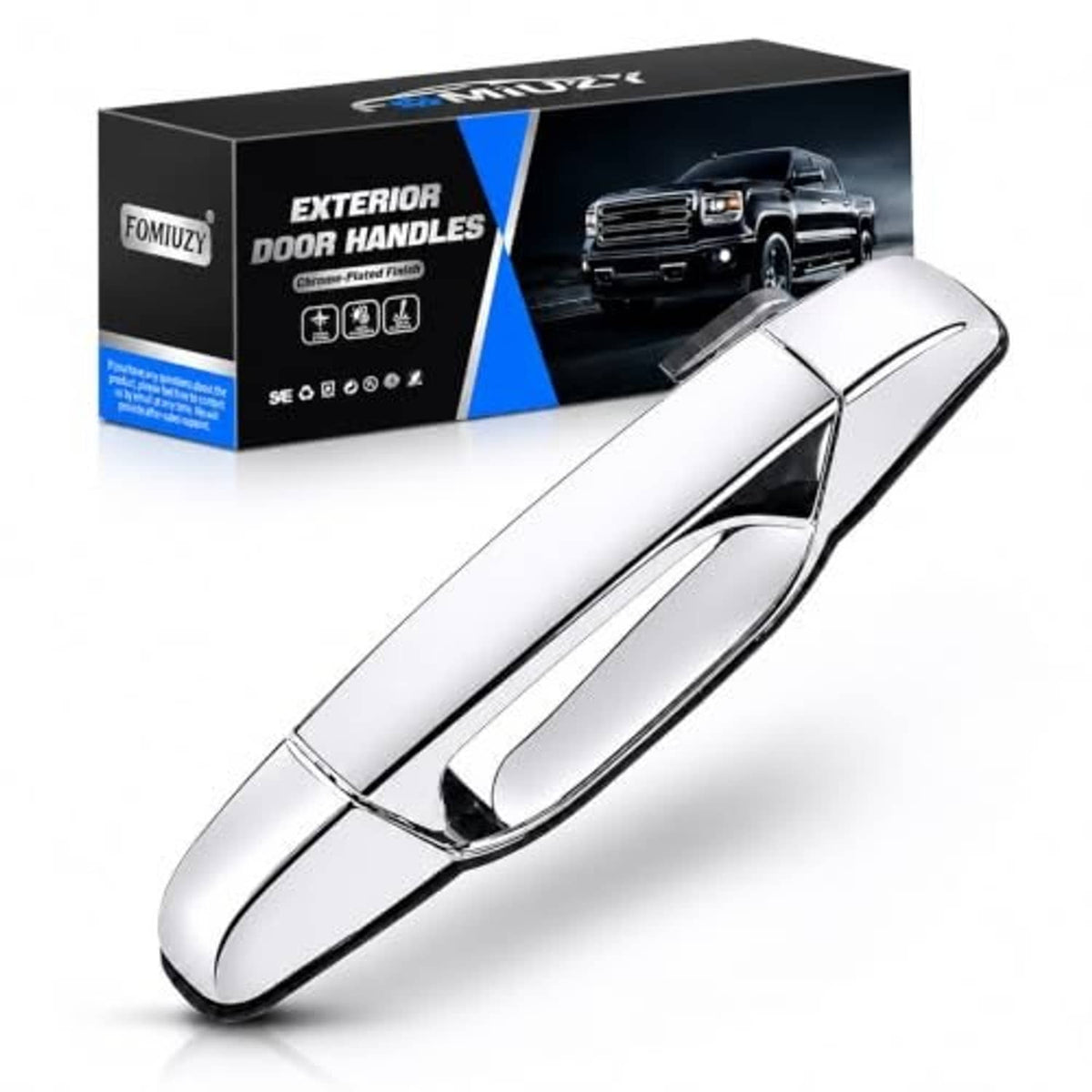 Chrome exterior door handle with polished surface, angled view