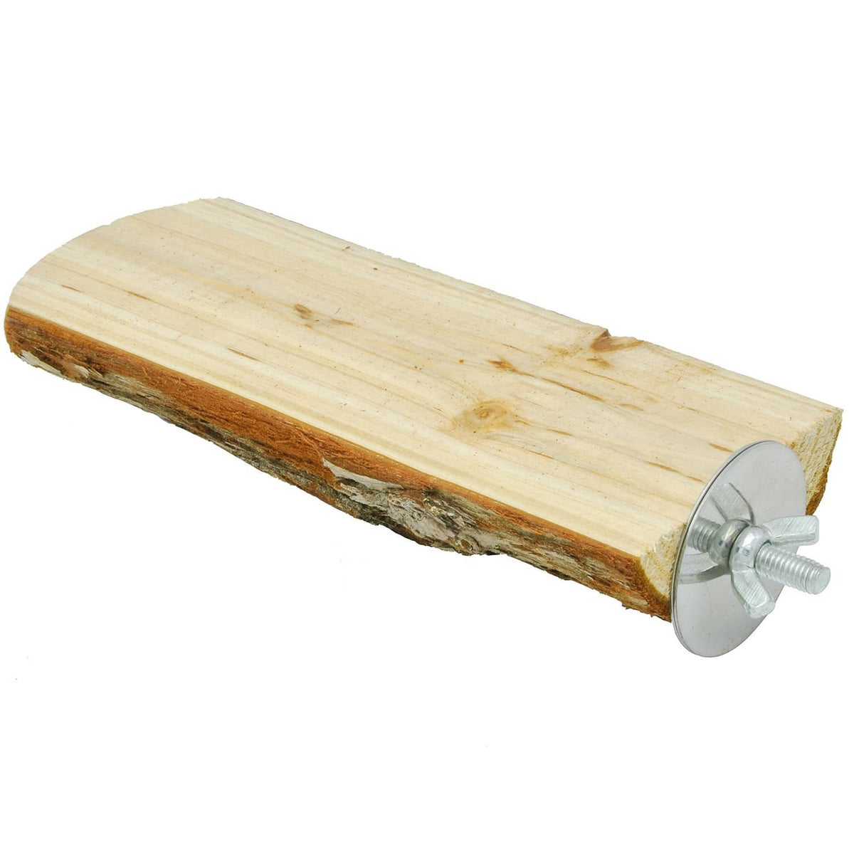 Wooden bird cage perch platform with end mounting bolts and metal bracket