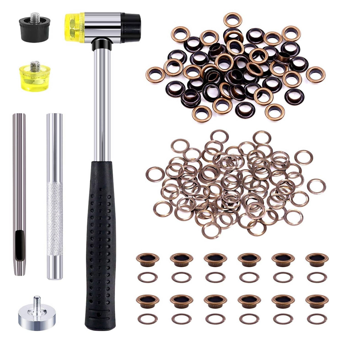 Bronze grommet eyelet assortment kit with punch tool and copper-tone washers