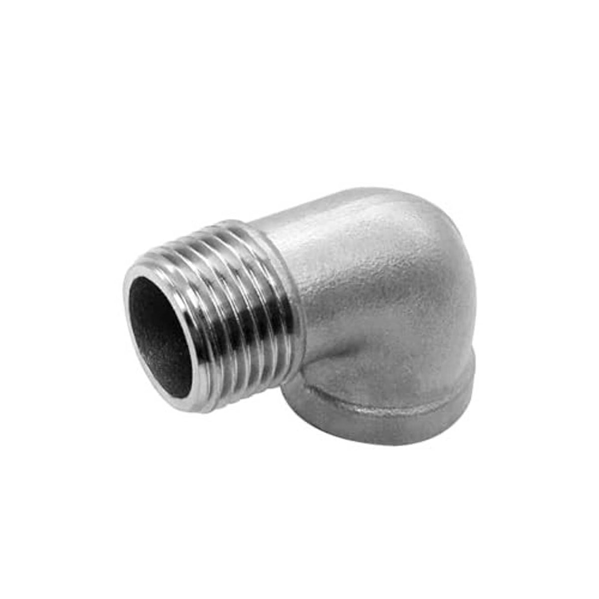 90-degree stainless steel elbow fitting with external NPT threads, side angle