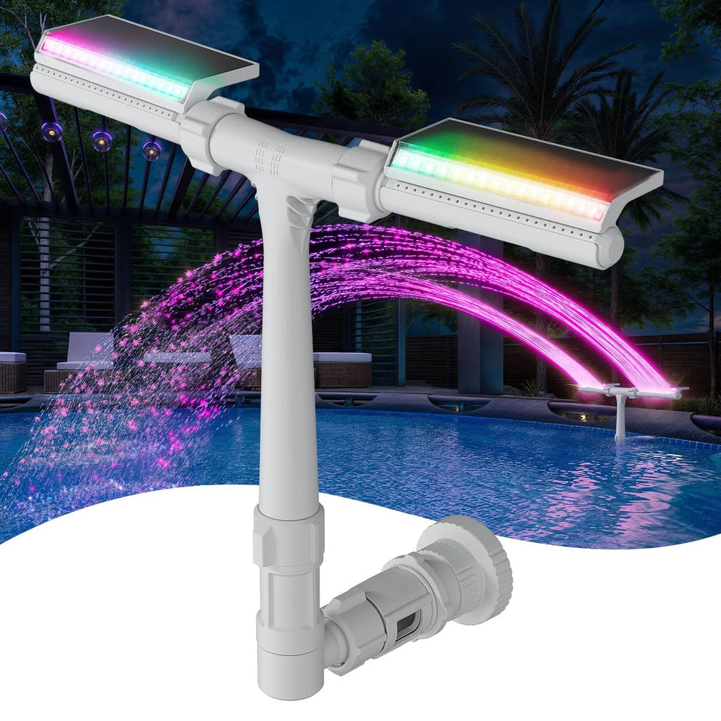 Gray solar pool fountain with dual LED light bars and multi-color water spray