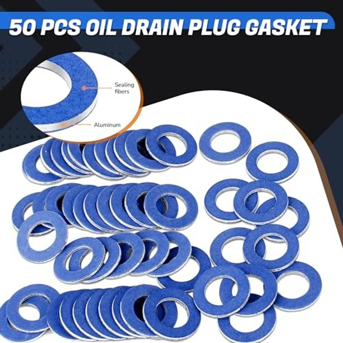 Oil drain plug gasket washers, blue sealing ring with aluminum core (50 pcs)