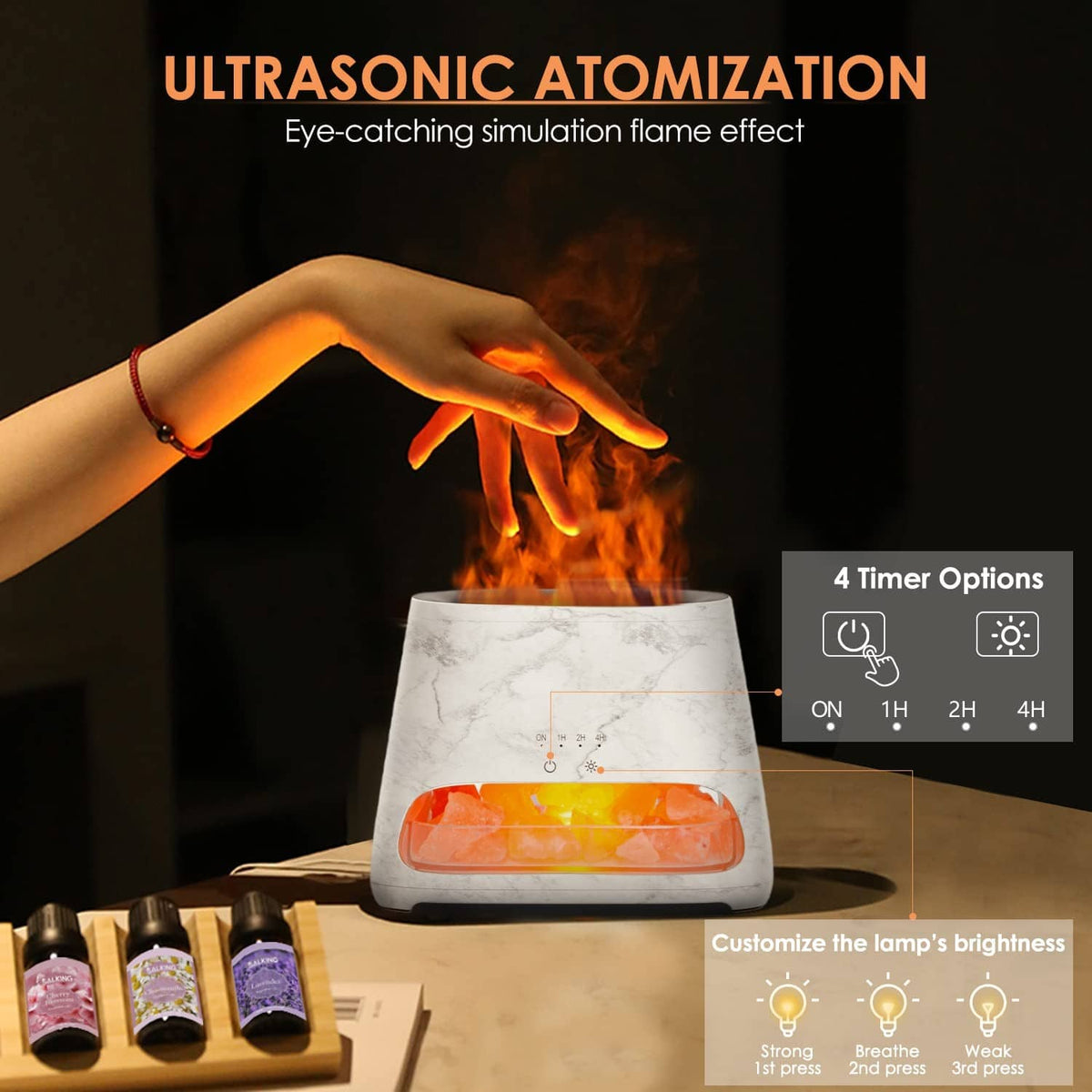 Hand-activated salt lamp diffuser showing flame mist and timer options