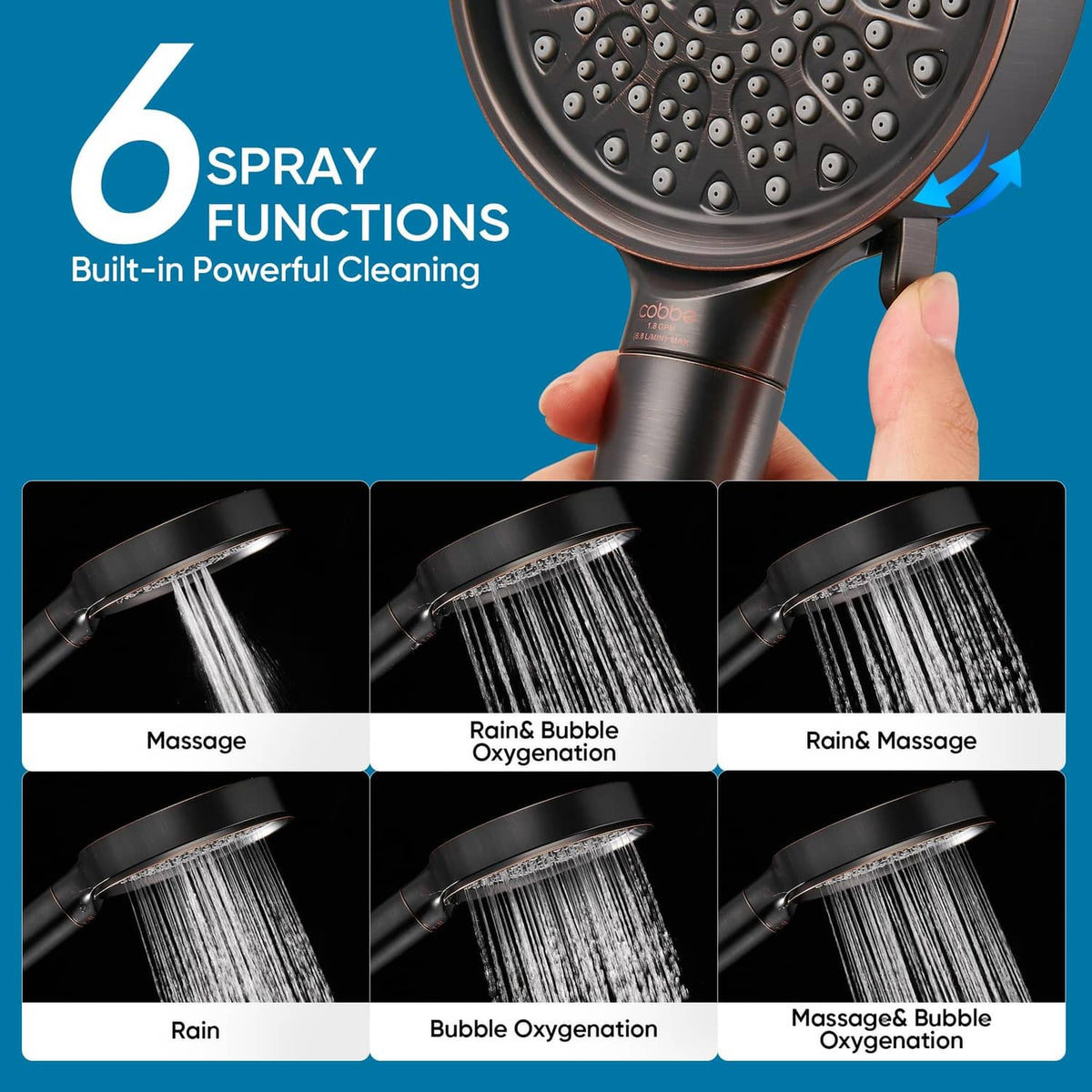 Filtered shower head with 6 spray functions and built-in powerful cleaning