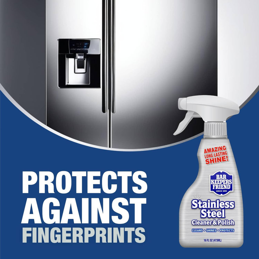 Stainless steel cleaner spray bottle with “Protects against fingerprints” message