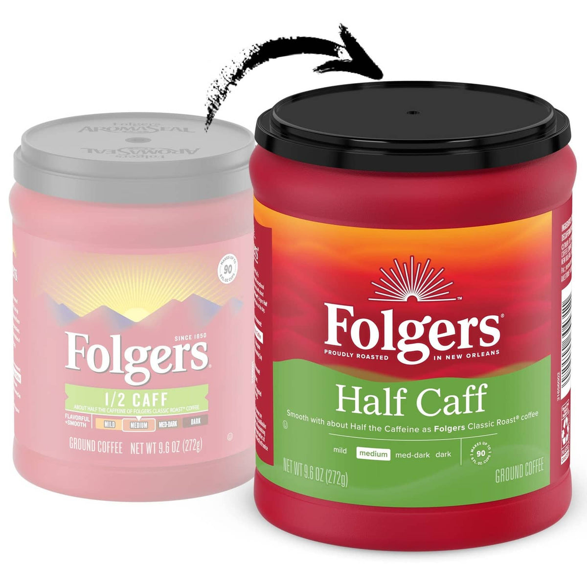 Folgers Half Caff ground coffee canister set, red and light pink, medium roast