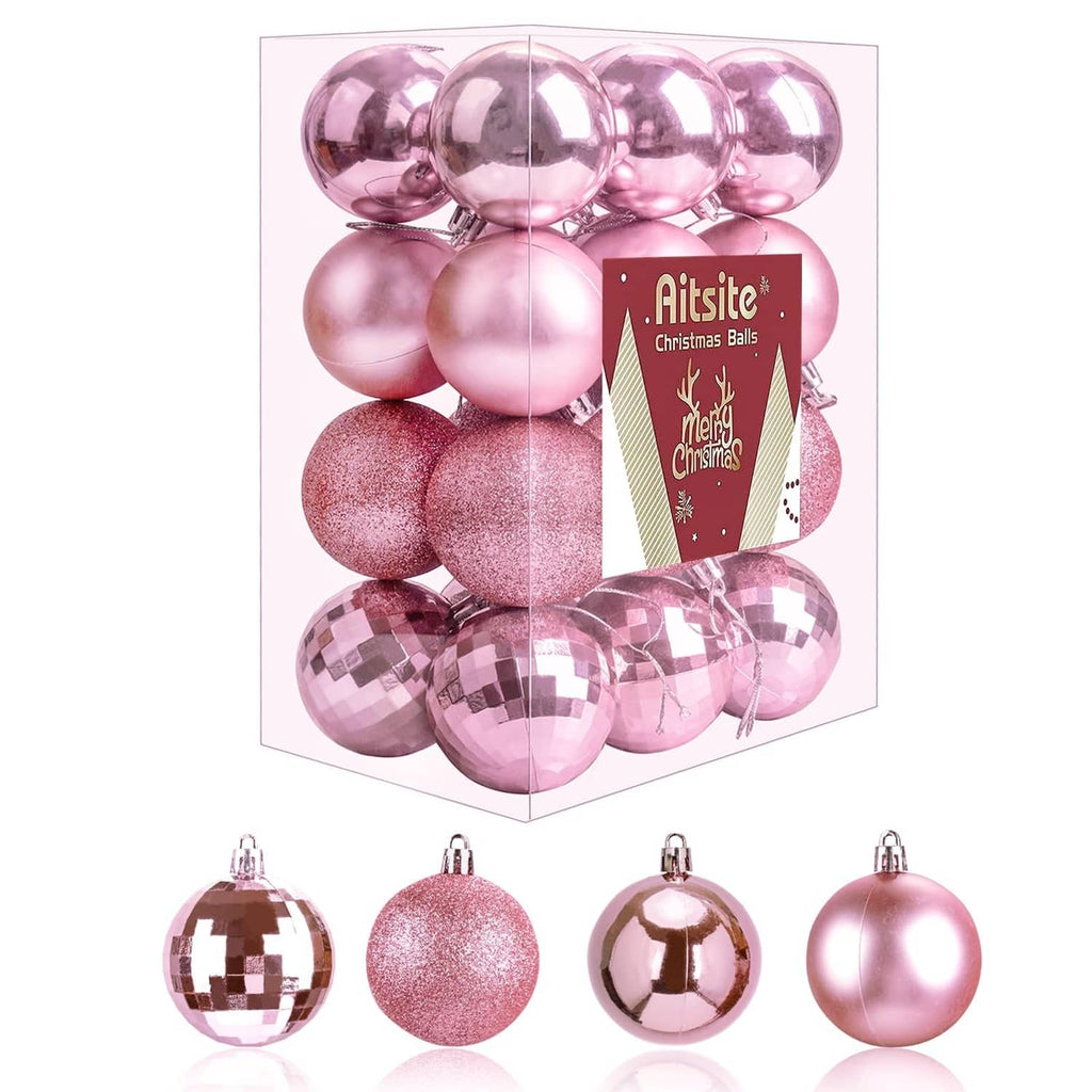 Pink mini Christmas tree ornament balls set in a clear box, 24 pieces
