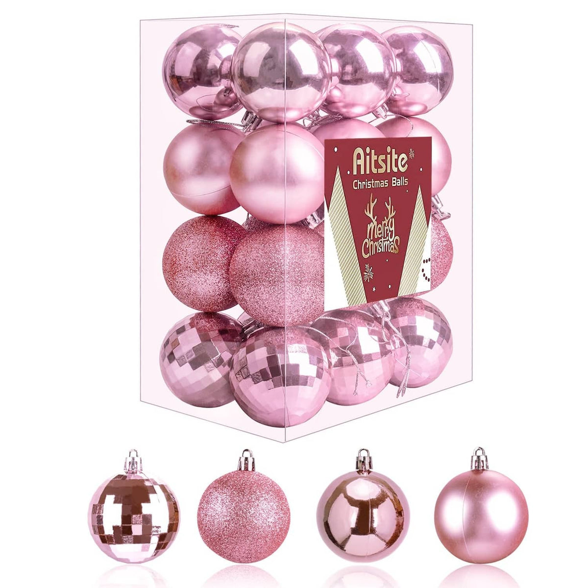 Pink mini Christmas tree ornament balls set in a clear box, 24 pieces