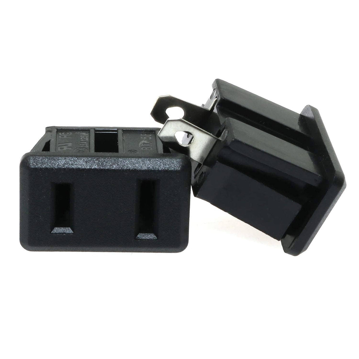 Black 2-pin panel-mount outlet socket with metal prongs and mounting bracket