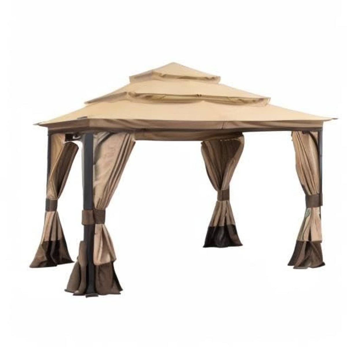 Tan three-tier patio canopy top cover with side curtain panels