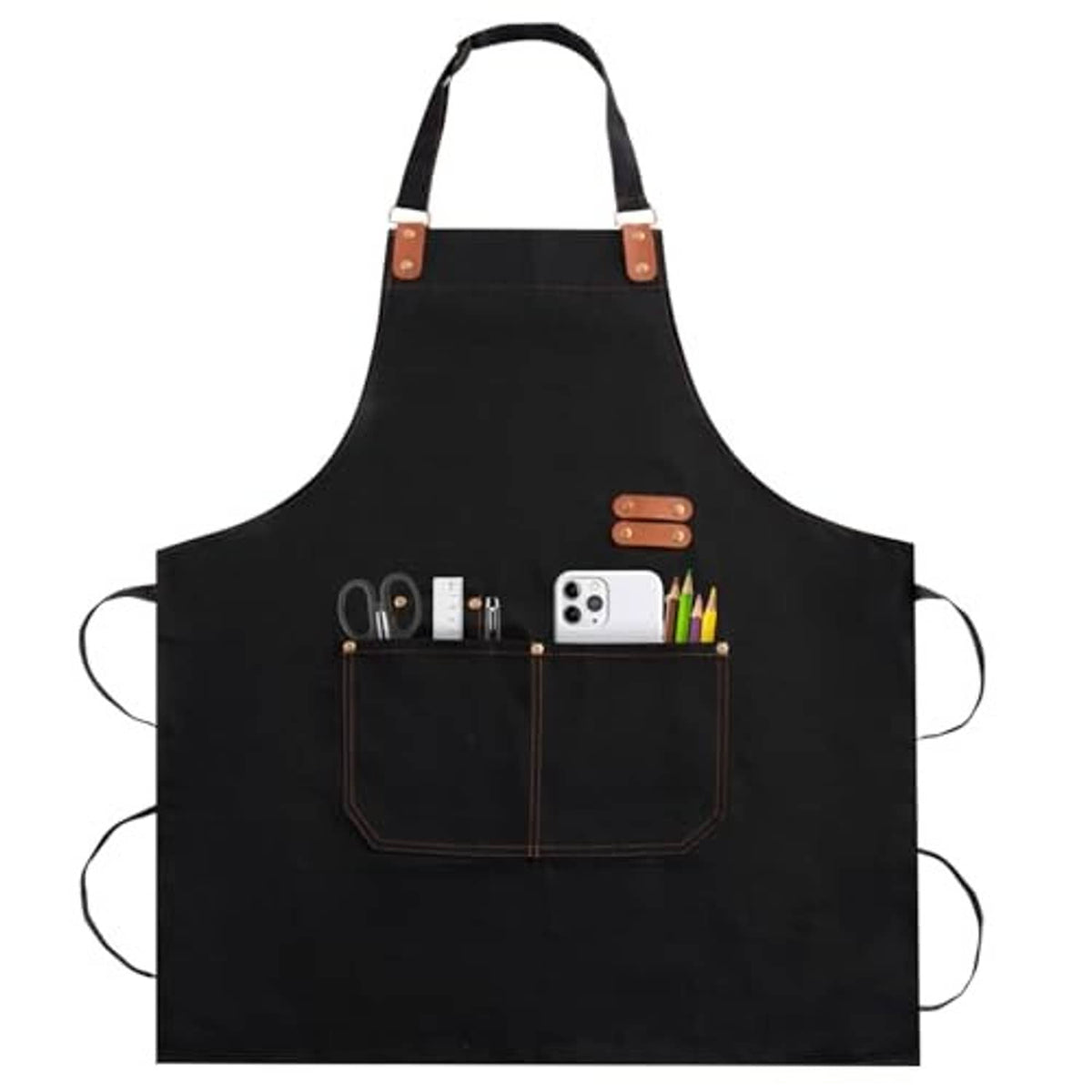 Black chef apron with front organizer pocket holding tools, phone, and pens