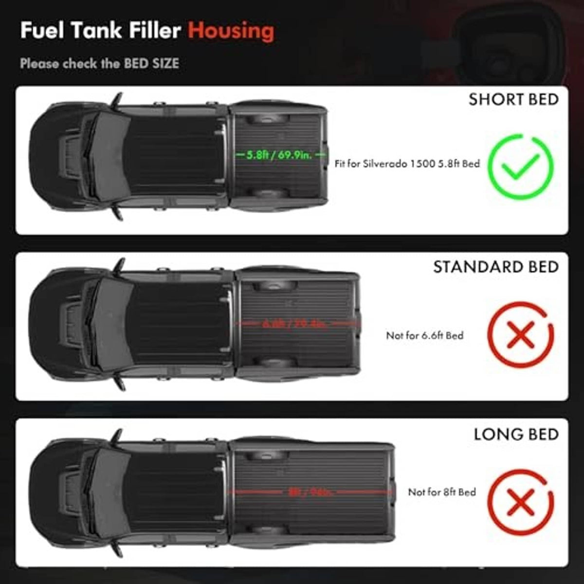 Fuel tank filler housing size guide with short-bed fit indicator and door outlines