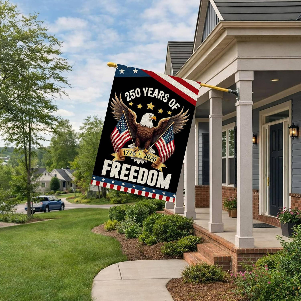 Patriotic garden flag on a pole with eagle emblem, “250 Years of Freedom,” and stars