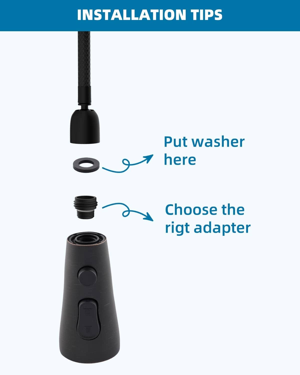 Oil-rubbed bronze faucet head replacement with installation washer and threaded adapter