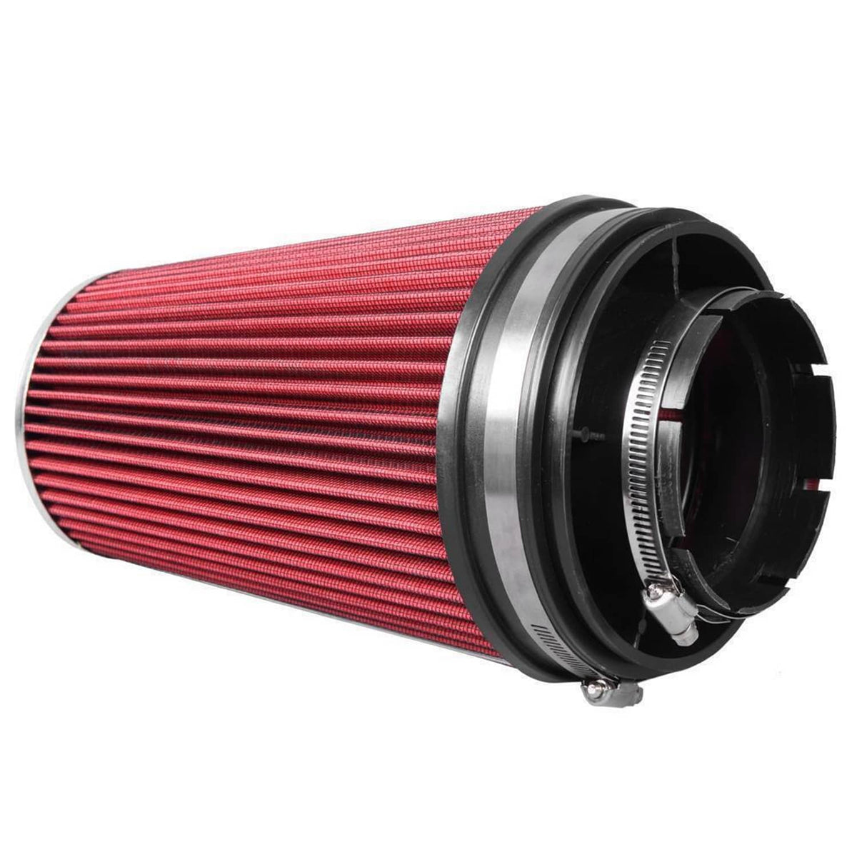 Red pleated air filter with metal end cap and black intake collar
