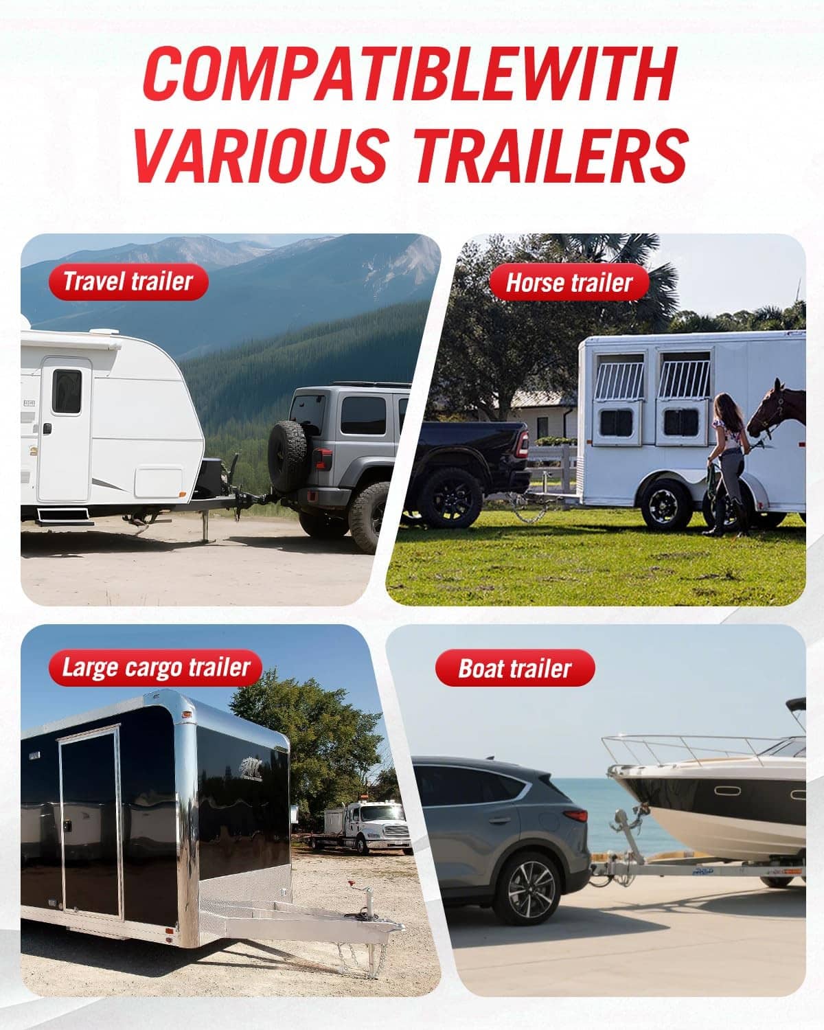Trailer tongue weight scale with compatibility illustrations for different trailer types