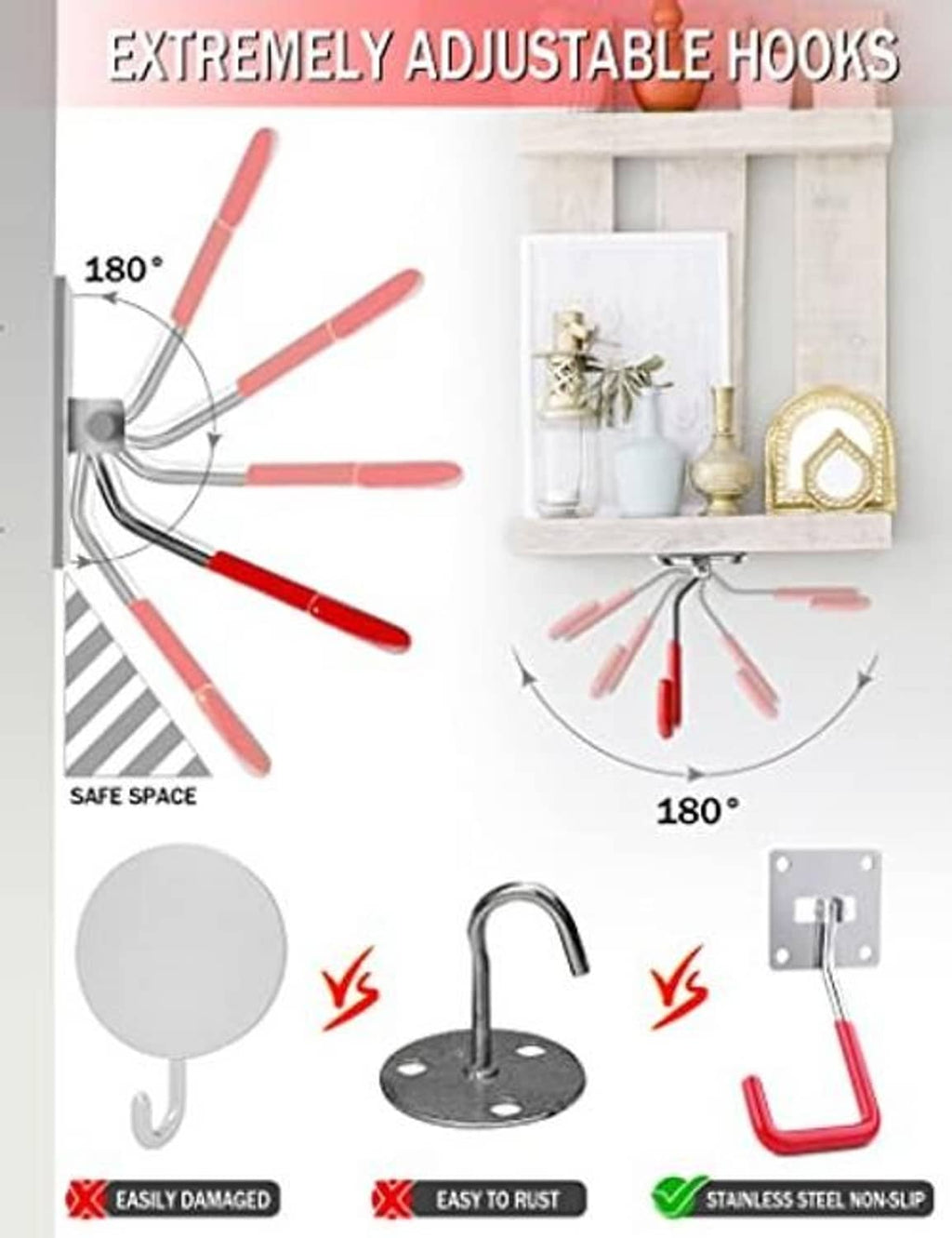 180-degree adjustable red U-shaped hooks with stainless base plate and anti-rust design