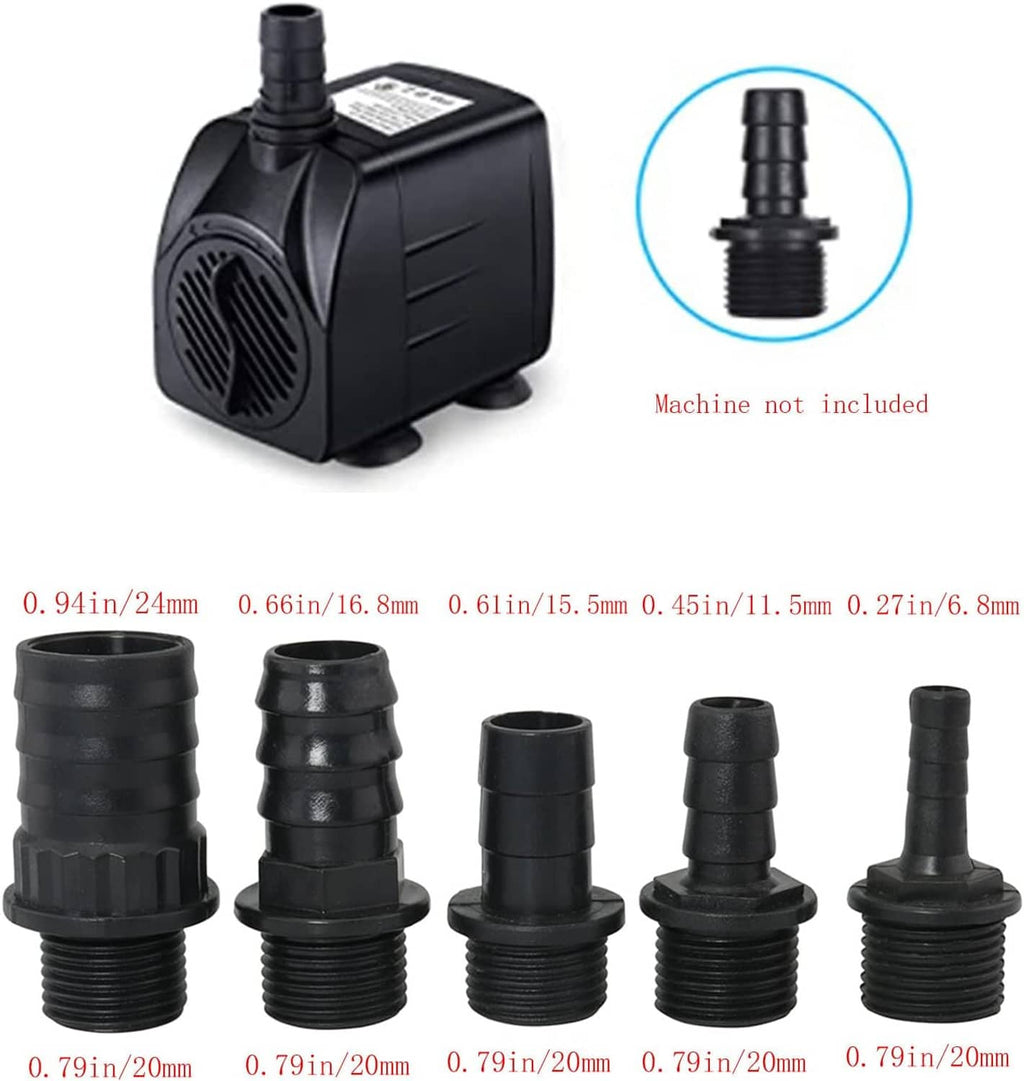 Black plastic fountain pump nozzle kit with pump unit and five replacement adapters