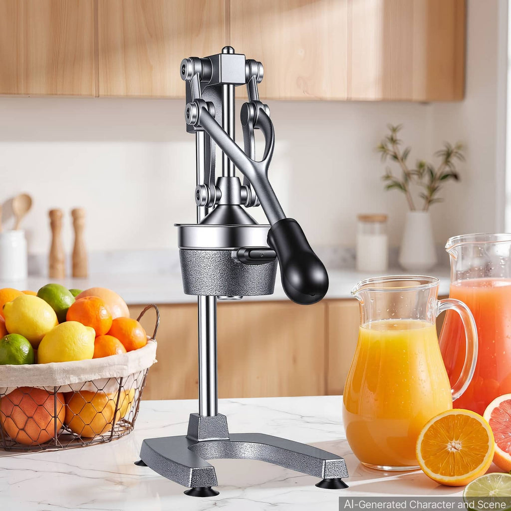 Manual citrus juicer with lever press over pitcher, silver-gray stand