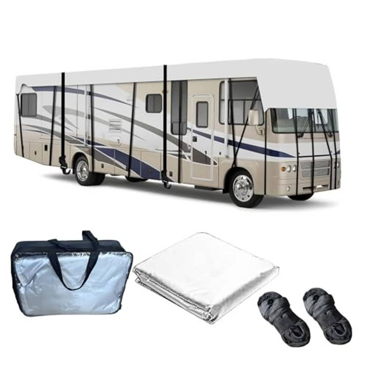 Gray camper trailer with roof cover set, plus folded cover, storage bag, and straps
