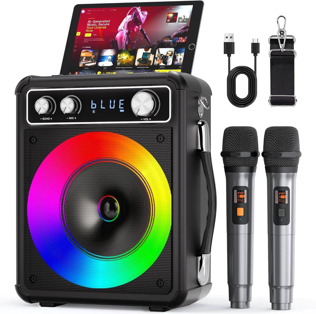 Black karaoke speaker with screen, RGB LED ring, and two handheld wireless microphones.