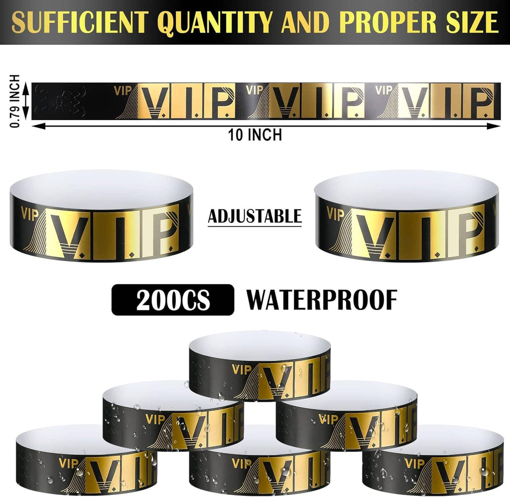 Adjustable 10-inch VIP wristbands, waterproof 200-pack with multiple rolls