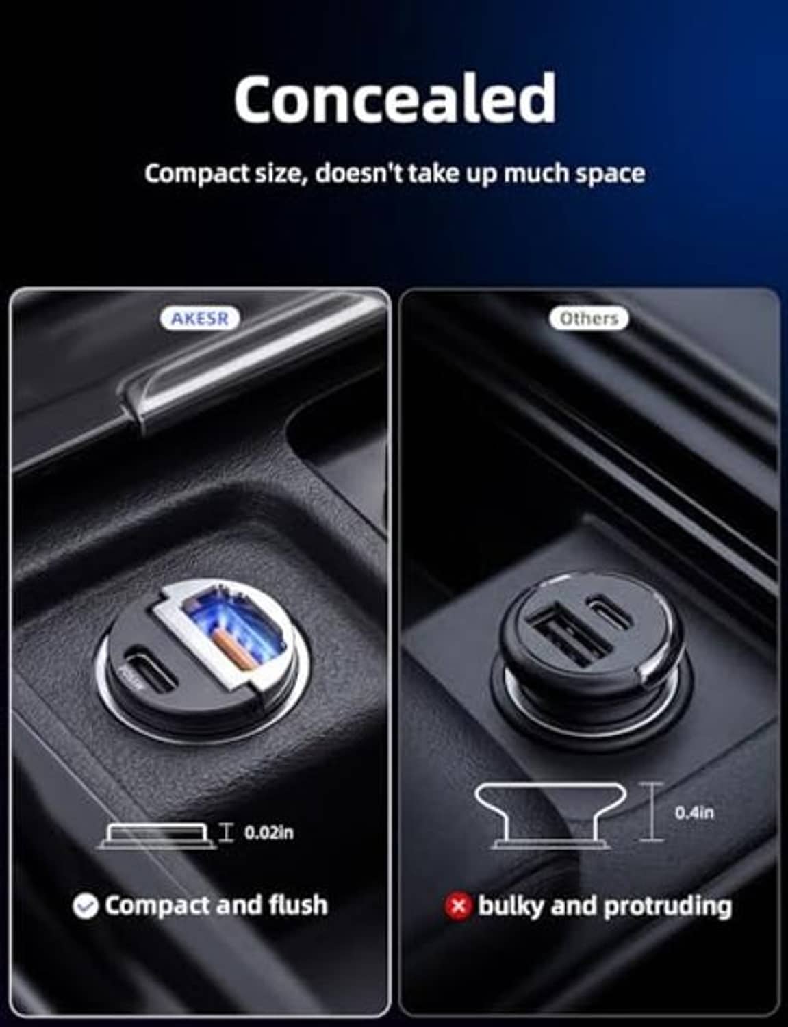 Compact dual-port car USB charger with coiled cables in a flush mount