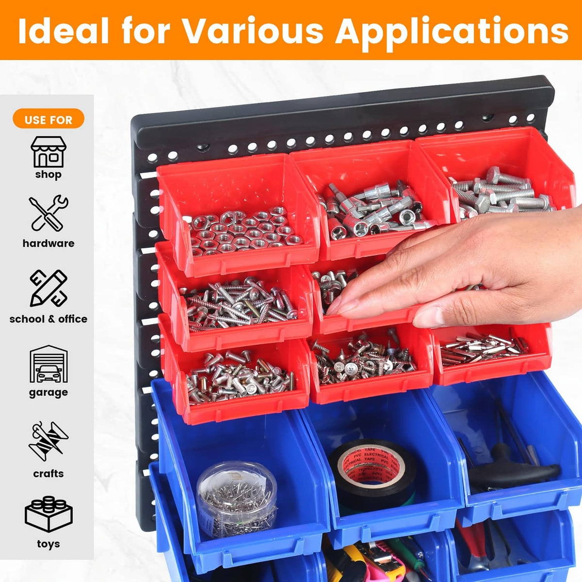 Maxworks 80694 30-bin wall-mount parts rack with open red and blue bins and hand.
